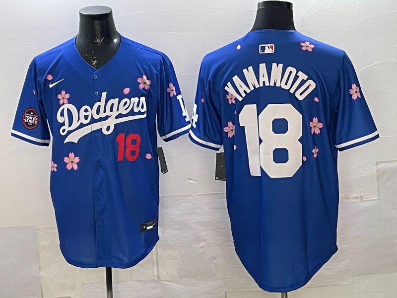 Men Los Angeles Dodgers #18 Yamamoto Blue Sakura Edition 2026 Nike MLB Jersey 003